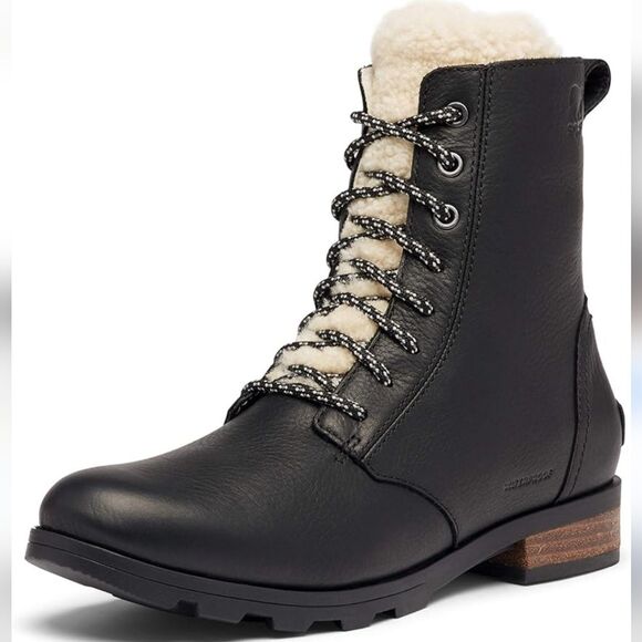 Sorel Emelie Short Lace Cozy - Waterproof Black Leather Shearling Boots Size 6.5 - Picture 1 of 16